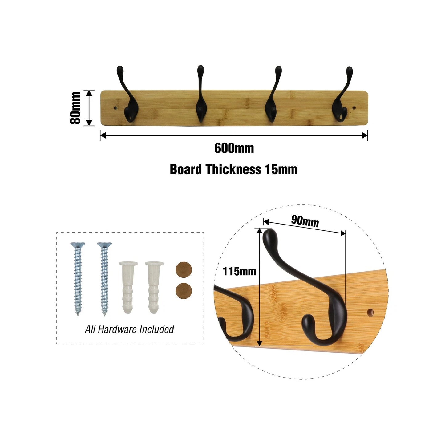 Adoored 60cm Black Bamboo Hat & Coat Rack with 4 Hooks, Modern Design, Easy Install