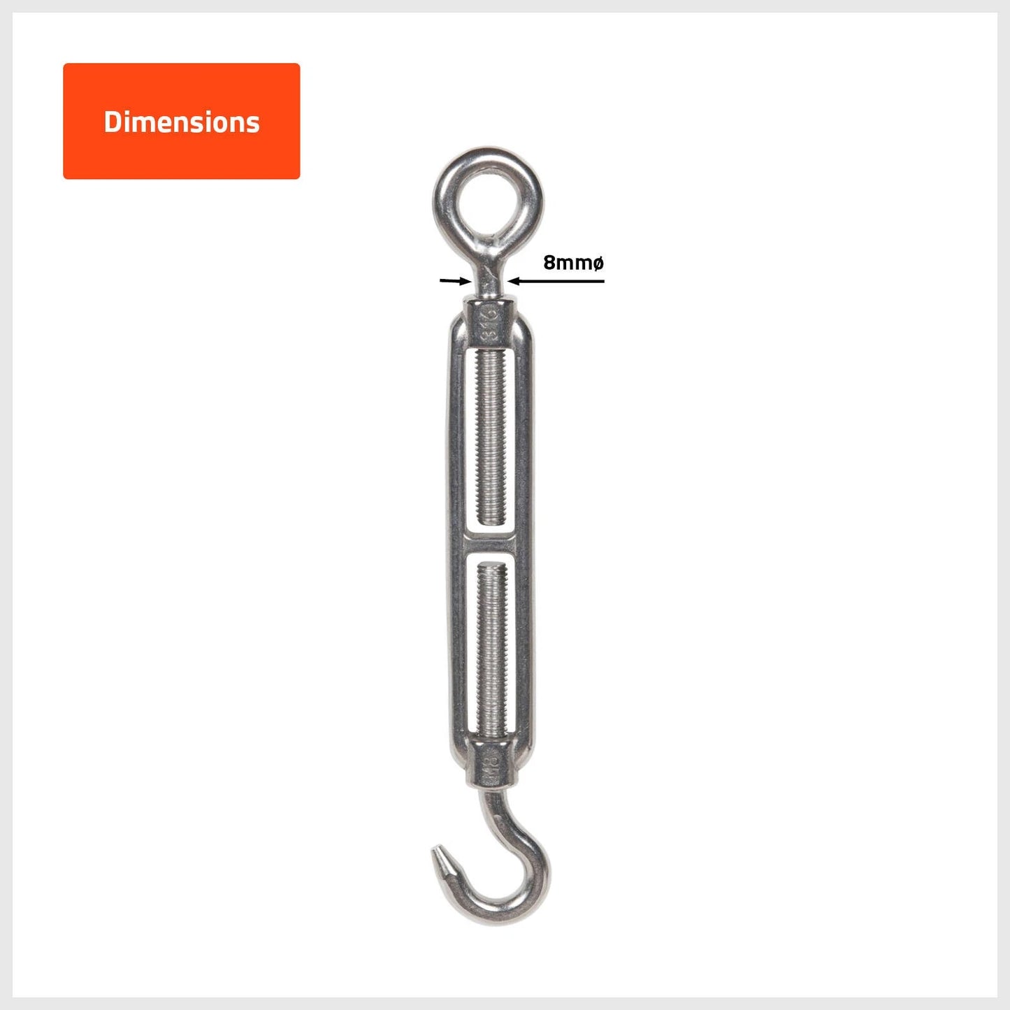 Taskmaster 8mm Marine-Grade 316 Stainless Steel Hook & Eye Turnbuckle for Rigging & Tensioning