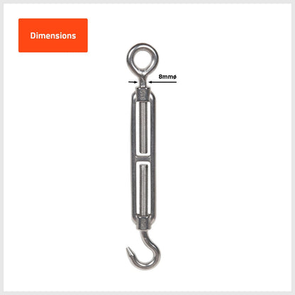 Taskmaster 8mm Marine-Grade 316 Stainless Steel Hook & Eye Turnbuckle for Rigging & Tensioning