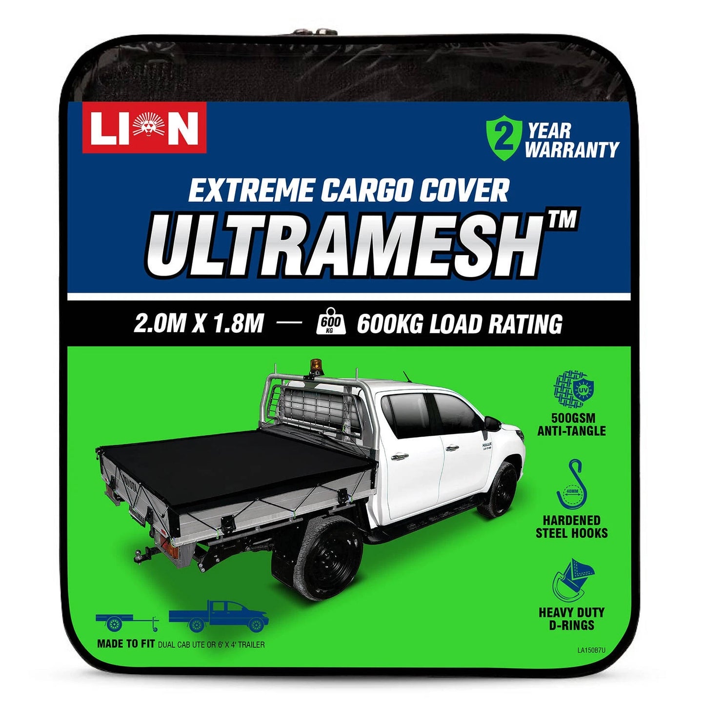 Lion Ultramesh Cargo Net 2.0 x 1.8m - Heavy-Duty, 600kg Load Capacity, Steel Hooks