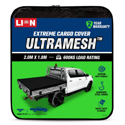 Lion Ultramesh Cargo Net 2.0 x 1.8m - Heavy-Duty, 600kg Load Capacity, Steel Hooks