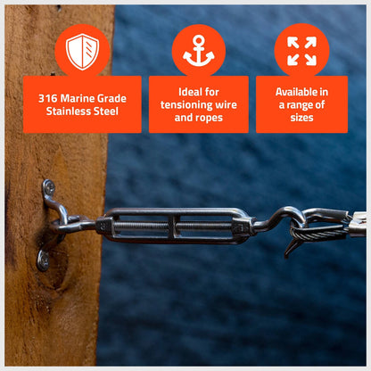 Taskmaster 6mm 316 Stainless Steel Turnbuckle 6 Pack - Marine Grade, Corrosion Resistant
