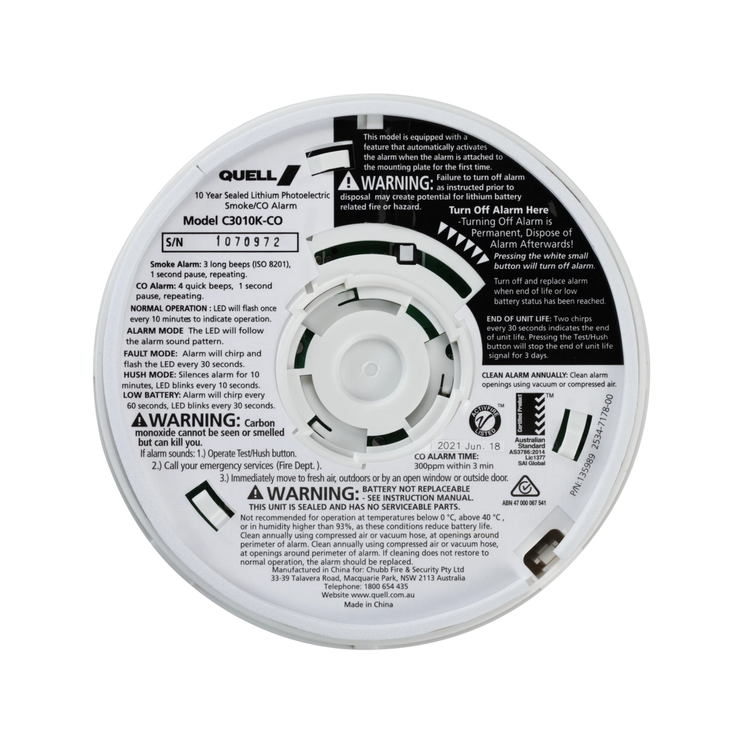 Quell Worry-Free Photoelectric & CO Alarm, 10-Year Battery, Dual Detection, Kitchen Safe