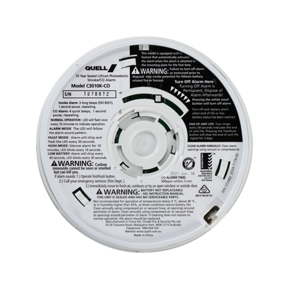 Quell Worry-Free Photoelectric & CO Alarm, 10-Year Battery, Dual Detection, Kitchen Safe