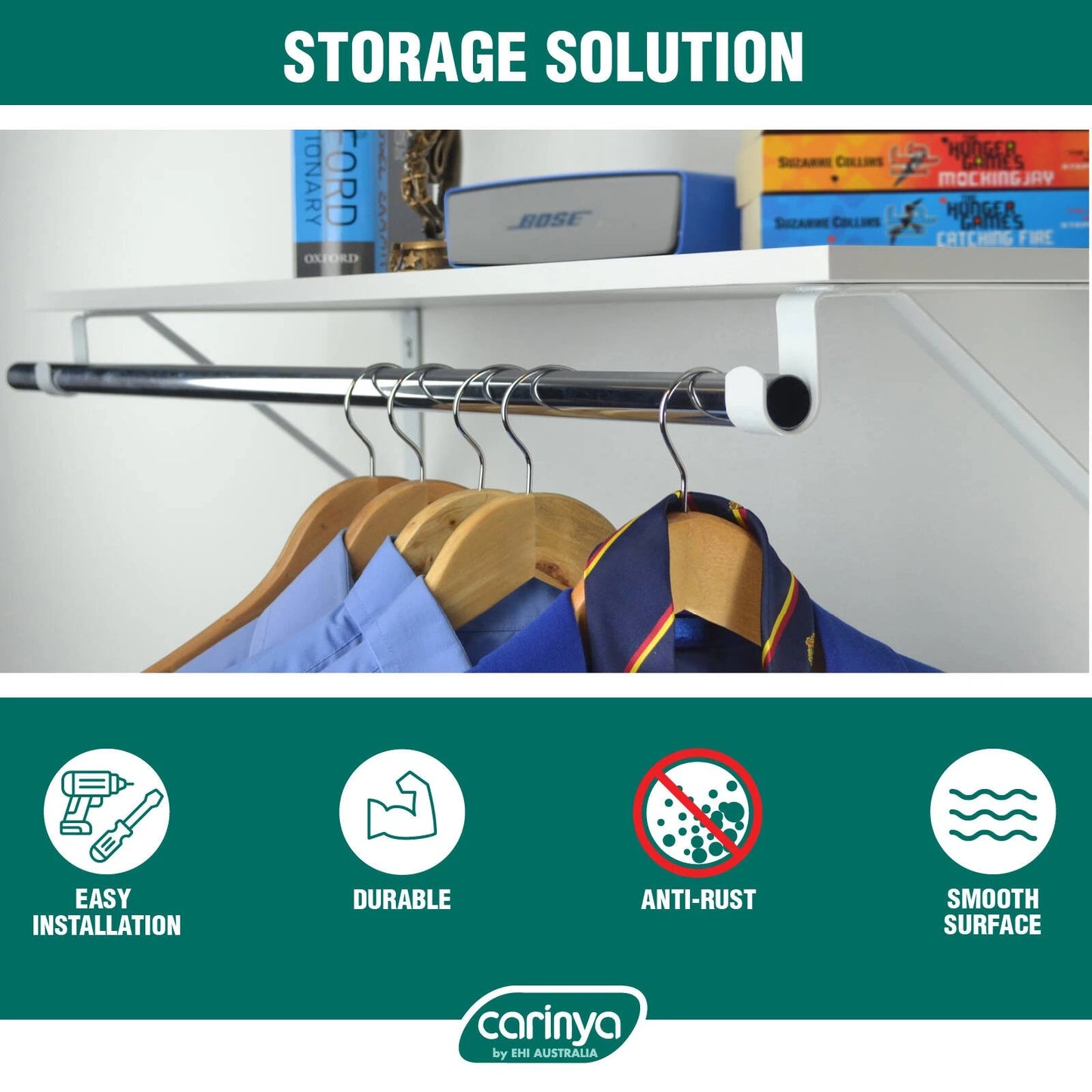 Carinya White Closet Rod Bracket 305x265x25mm, Durable Steel, Easy Install, 50kg Capacity