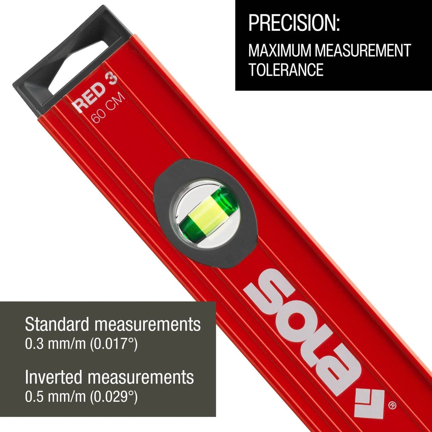 Sola 80cm Red Spirit Level with 3 Patented Vials, Aluminum, 0.3 mm/m Precision