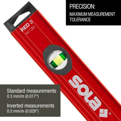 Sola 80cm Red Spirit Level with 3 Patented Vials, Aluminum, 0.3 mm/m Precision