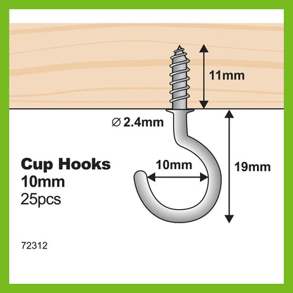 Everhang 10mm Zinc Plated Cup Hooks, 25 Pack - Secure, Easy Install, Indoor/Outdoor Use