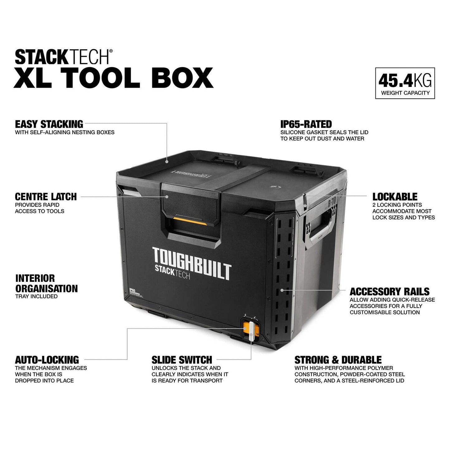 ToughBuilt StackTech XL Tool Box, Easy Stacking, Auto-Locking, IP65 Protection
