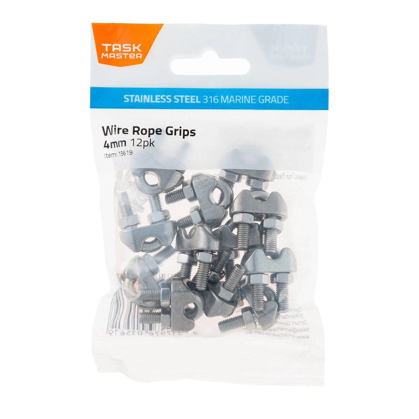 Taskmaster 4mm 316 Stainless Steel Wire Rope Grips - 12 Pack, Marine-Grade, Outdoor Use