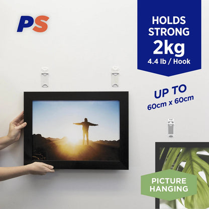 Permastik Adjustable Picture Hooks 2 Pack, No Drilling, Supports 2kg, Clean Removal