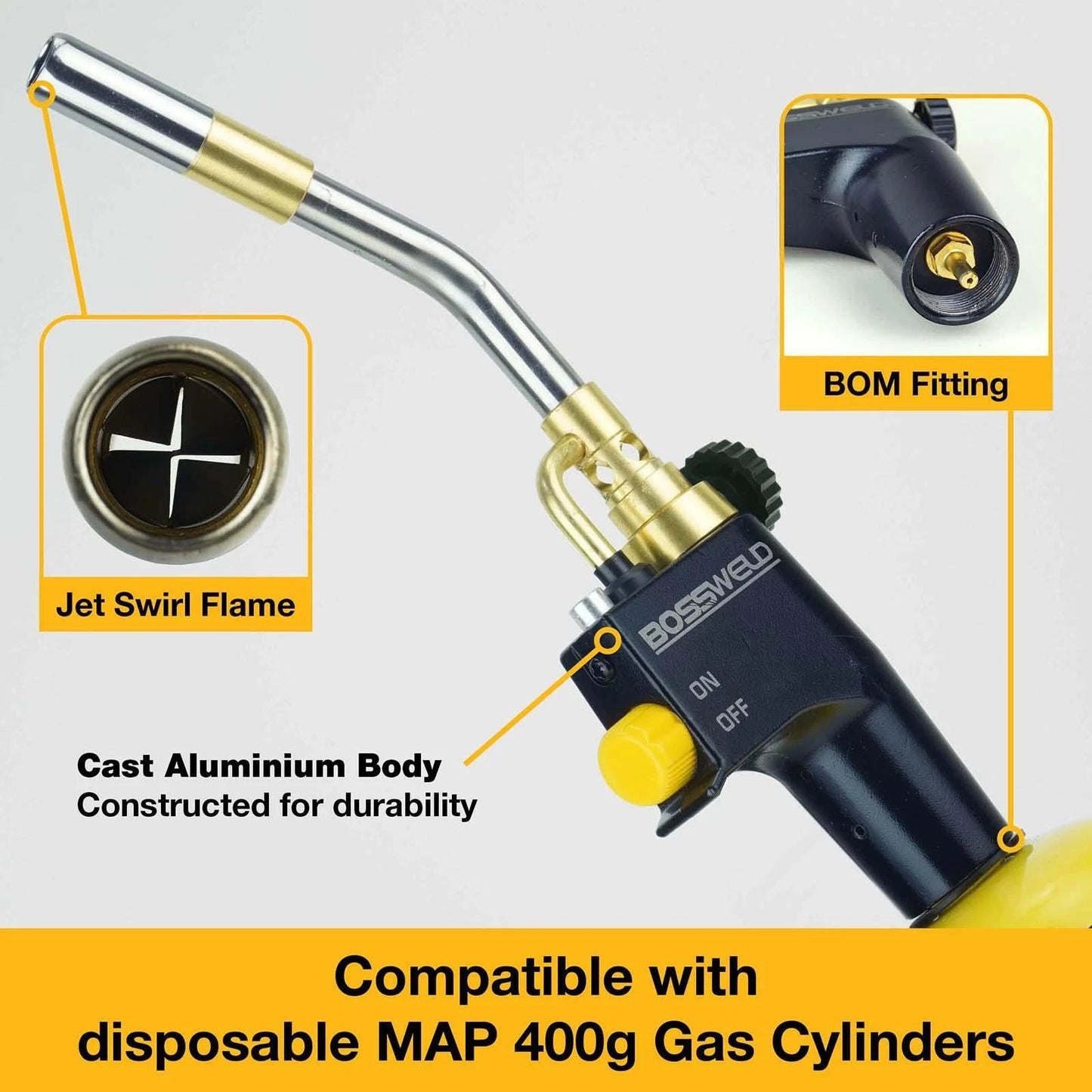 Bossweld Adjustable Map Pro-Torch, High-Intensity Flame, Instant Ignitor, Durable Aluminium Body