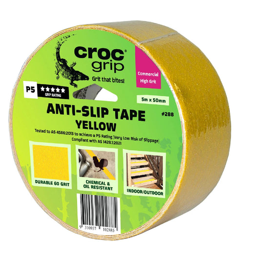 Croc Grip Yellow Anti-Slip Tape 5m x 50mm, P5 Slip Rating, Indoor/Outdoor, Chemical & Water Resistant