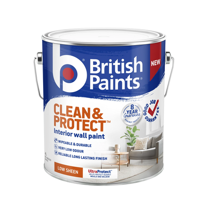 British Paints Clean & Protect White Low Sheen 4L - Durable, Low Odour, Mould Resistant