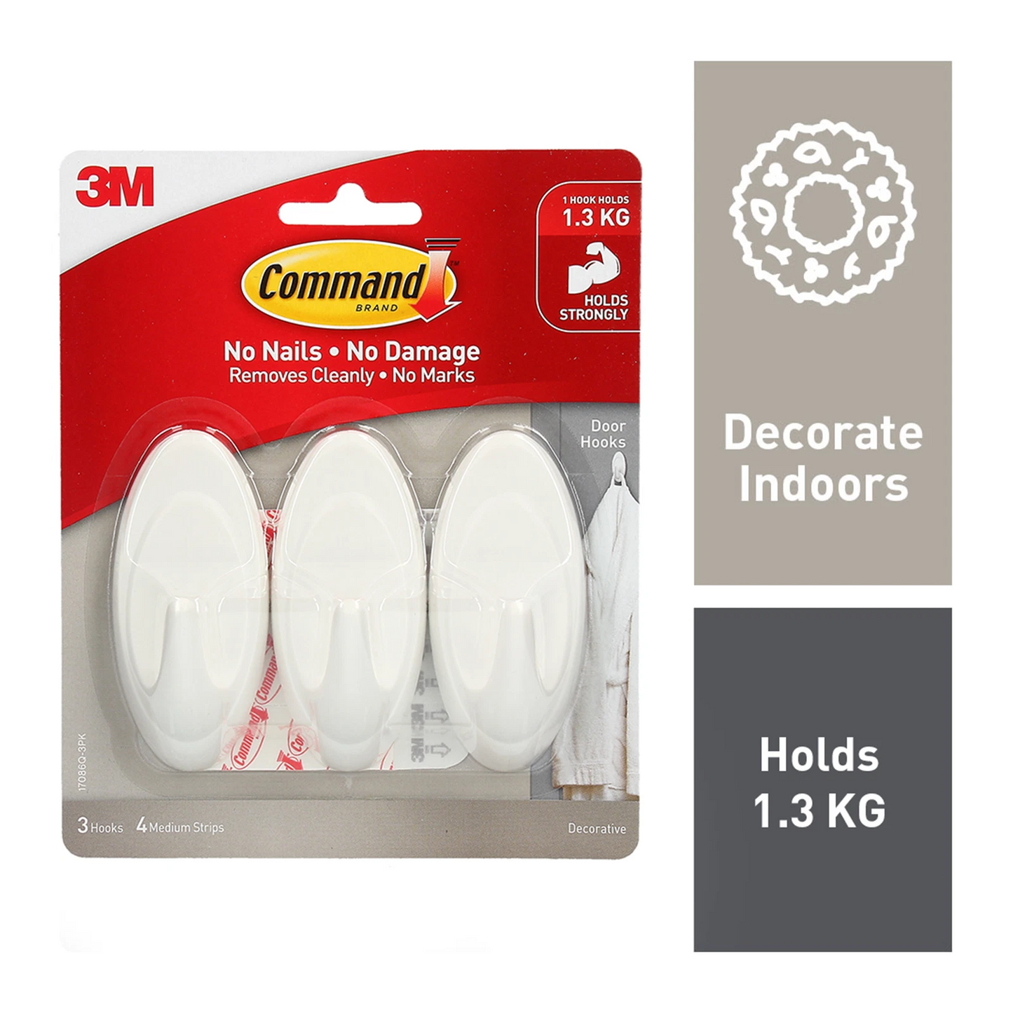 Command™ Medium White Adhesive Door Hooks 3 Pcs - Damage-Free, Strong Hold, Versatile Use