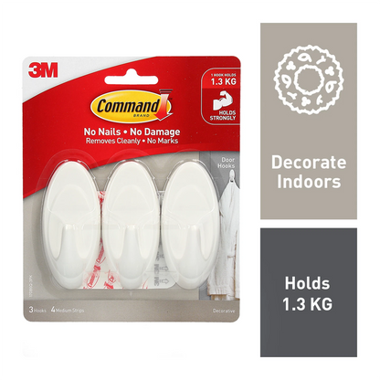 Command™ Medium White Adhesive Door Hooks 3 Pcs - Damage-Free, Strong Hold, Versatile Use