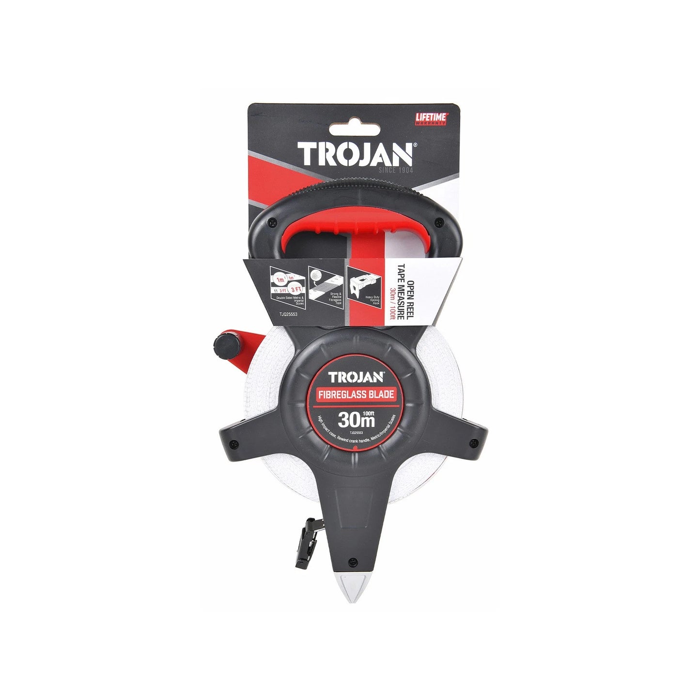 Trojan 30m Open Reel Tape Measure, Double-Sided Metric & Imperial, Fibreglass, Folding Hook