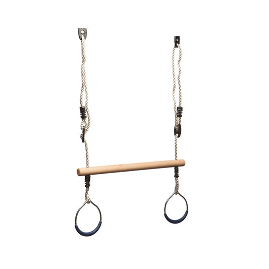 Swing Slide Climb Timber Trapeze with Blue Rings, Durable Pine & Steel, Easy Install, 3-12 Years