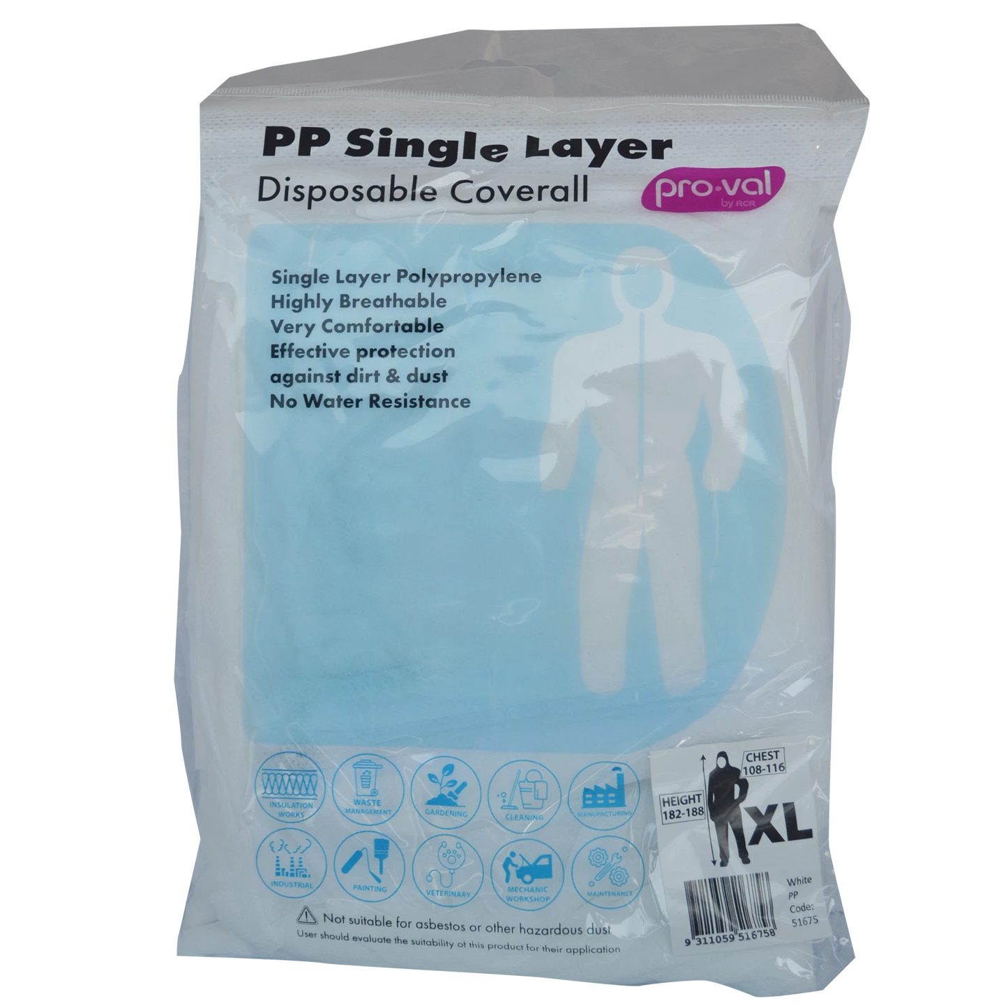 Pro-Val XL Disposable Coverall - Breathable, Dust Resistant, Non-Woven Polypropylene