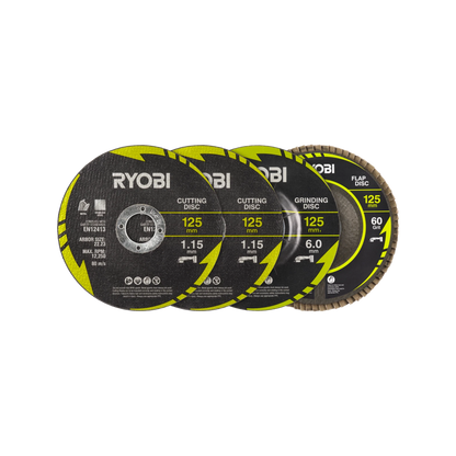 Ryobi 4 Piece 125mm Metal Cutting & Grinding Set for Angle Grinders