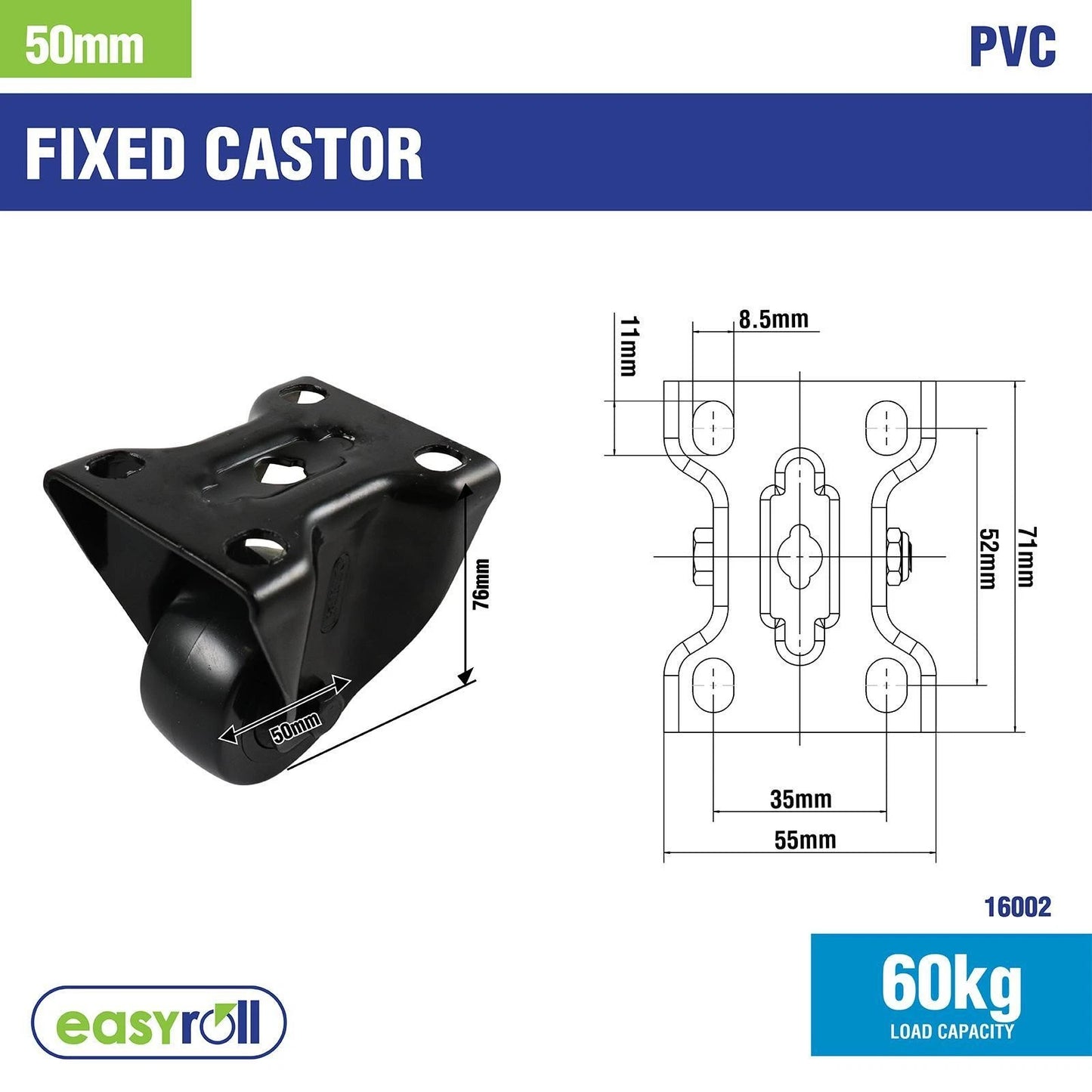 Easyroll 50mm Black PVC Fixed Castor, Durable & Shock-Absorbent Wheels, Indoor/Outdoor Use