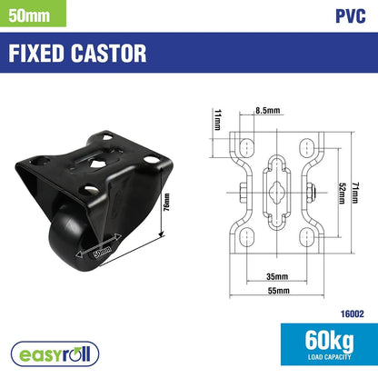 Easyroll 50mm Black PVC Fixed Castor, Durable & Shock-Absorbent Wheels, Indoor/Outdoor Use