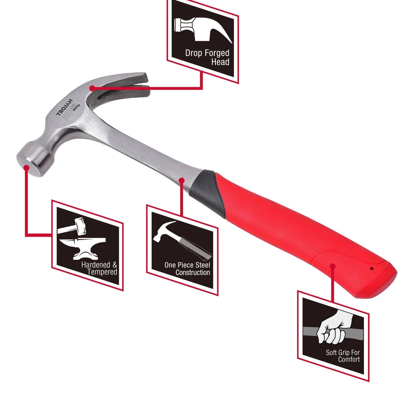 Trojan 20oz Steel Claw Hammer, Induction Hardened, All Steel, Lifetime Warranty