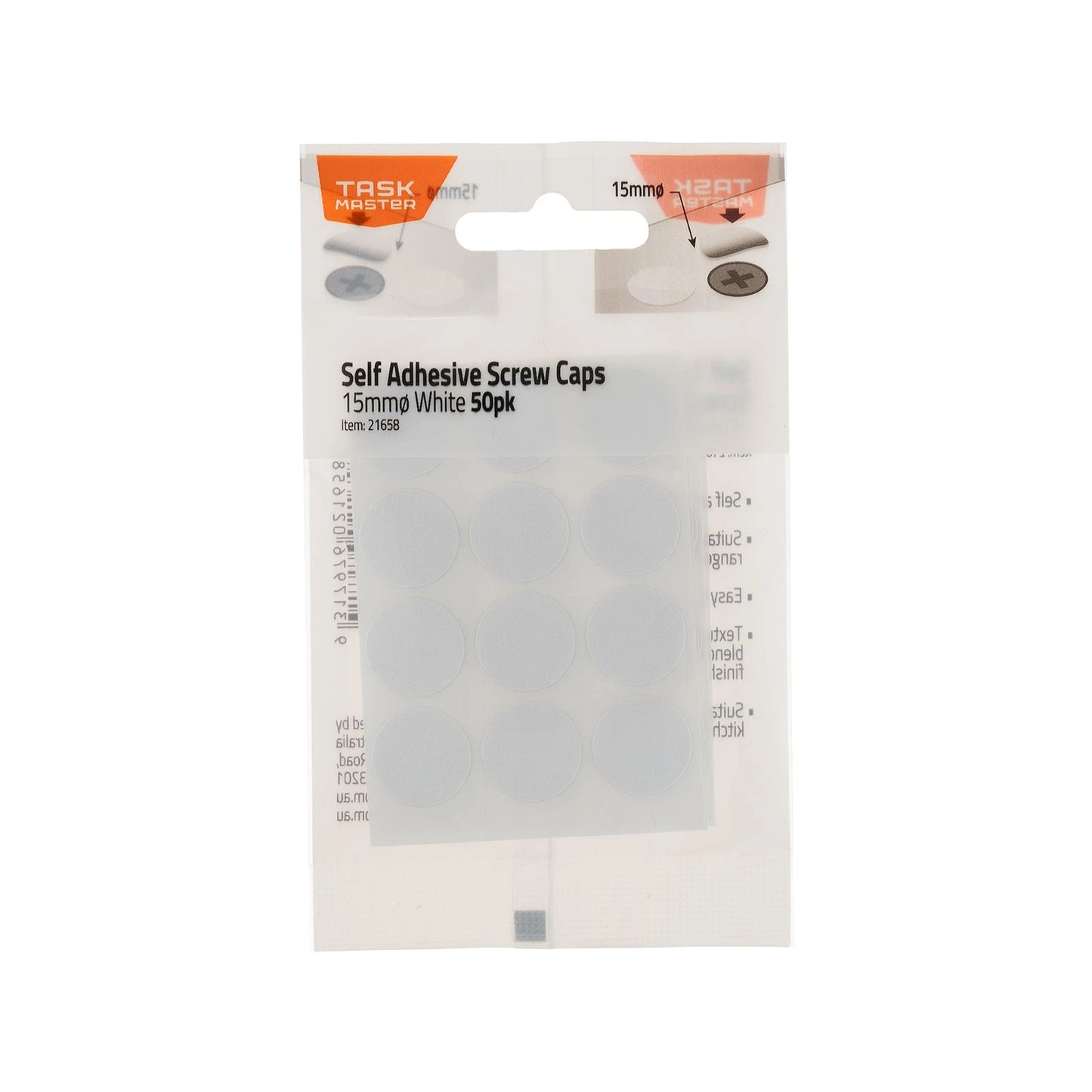 Taskmaster 15mm White Self Adhesive Screw Caps - 50 Pack, Universal Compatibility, Easy Install