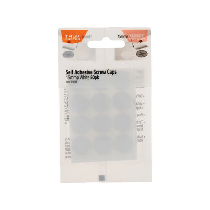 Taskmaster 15mm White Self Adhesive Screw Caps - 50 Pack, Universal Compatibility, Easy Install