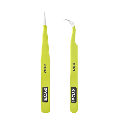 Ryobi Precision Anti-Static Tweezers 2 Pack - Straight & Curved Tips, ESD Coating, Stainless Steel