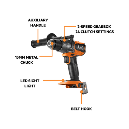 AEG 18V Brushless Hammer Drill Kit, 2-Speed, 5.0Ah Battery, LED Light, All-Metal Chuck