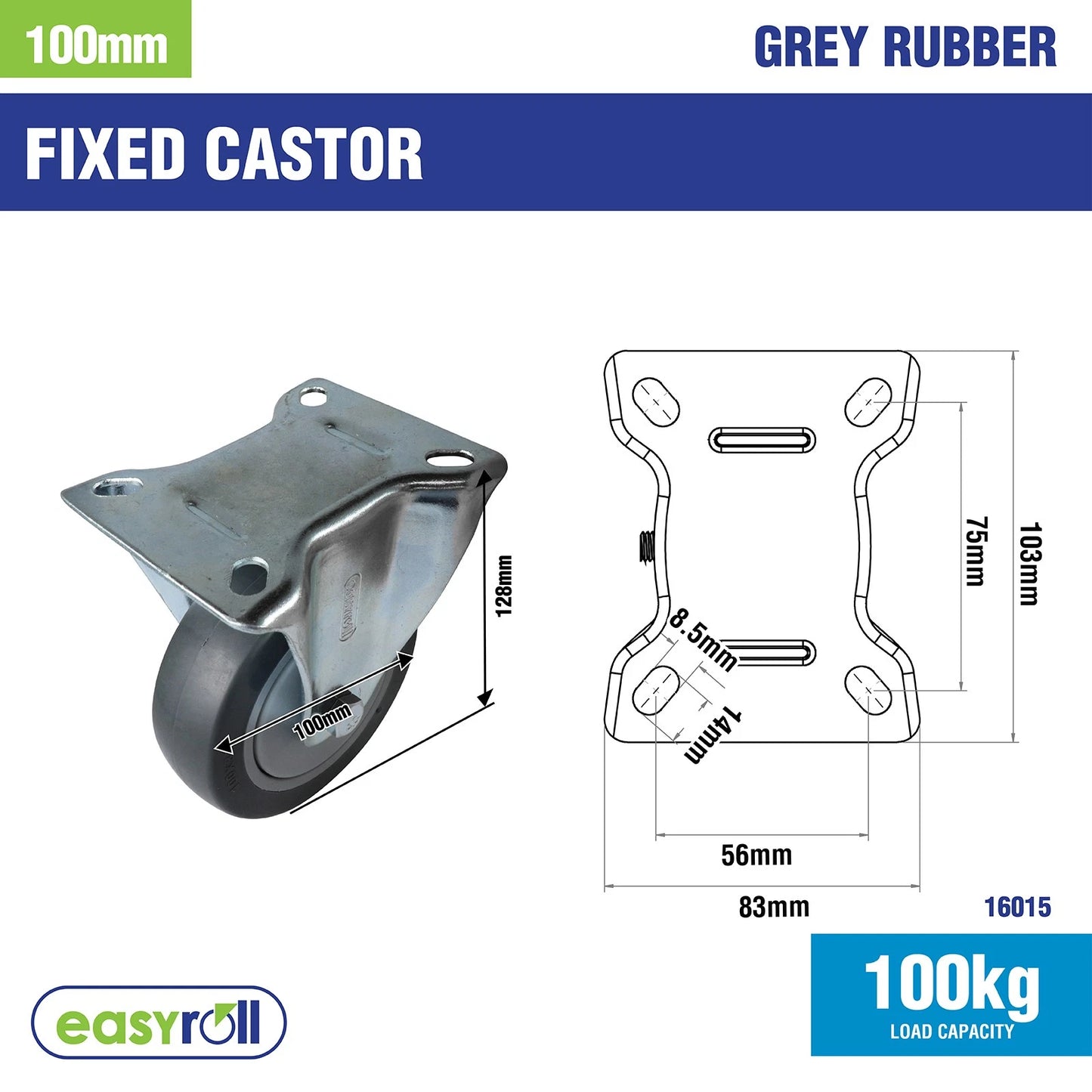 Easyroll 100mm Grey Rubber Heavy Duty Fixed Castor 100kg Load Capacity