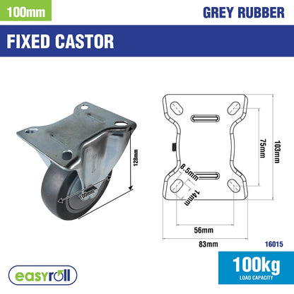 Easyroll 100mm Grey Rubber Heavy Duty Fixed Castor 100kg Load Capacity