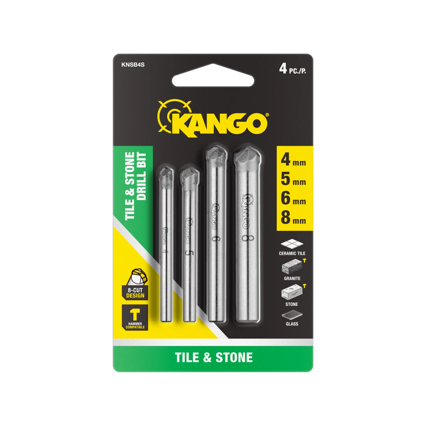 Kango 4 Piece Stone & Tile Drill Bit Set - Carbide Tip, Wet/Dry, 4-8mm