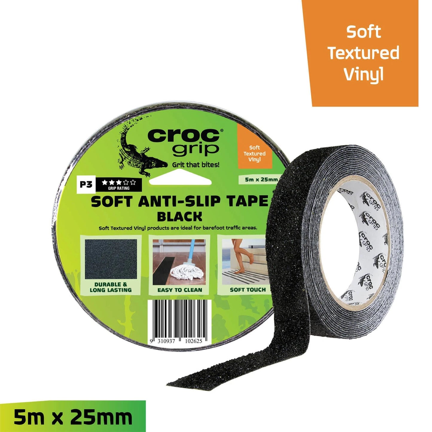 Croc Grip Black Soft Textured Tape 5m x 25mm - Indoor/Outdoor, Slip Resistant, Chemical Resistant