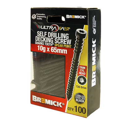 Bremick Ultrafast Stainless Steel Black T20 Trim Head Decking Screws 10g x 65mm - 100 Pack