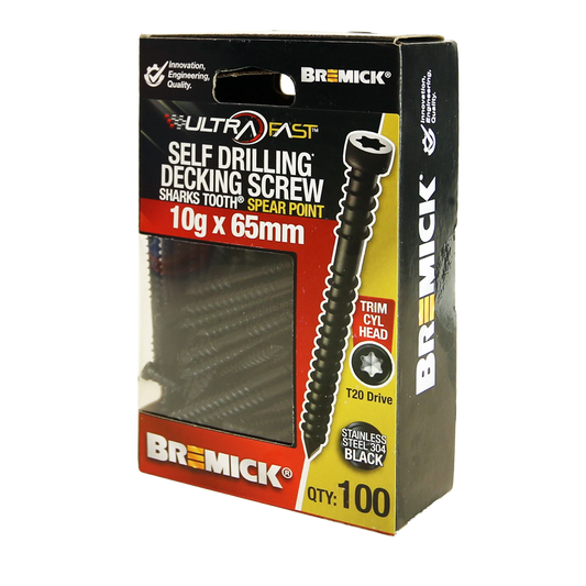Bremick Ultrafast Stainless Steel Black T20 Trim Head Decking Screws 10g x 65mm - 100 Pack