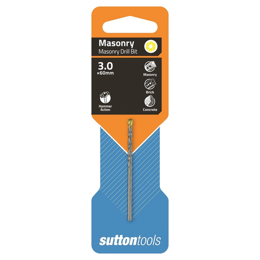 Sutton Tools 3x60mm TCT Masonry Drill Bit, Carbide Tip, Double Spiral Flute