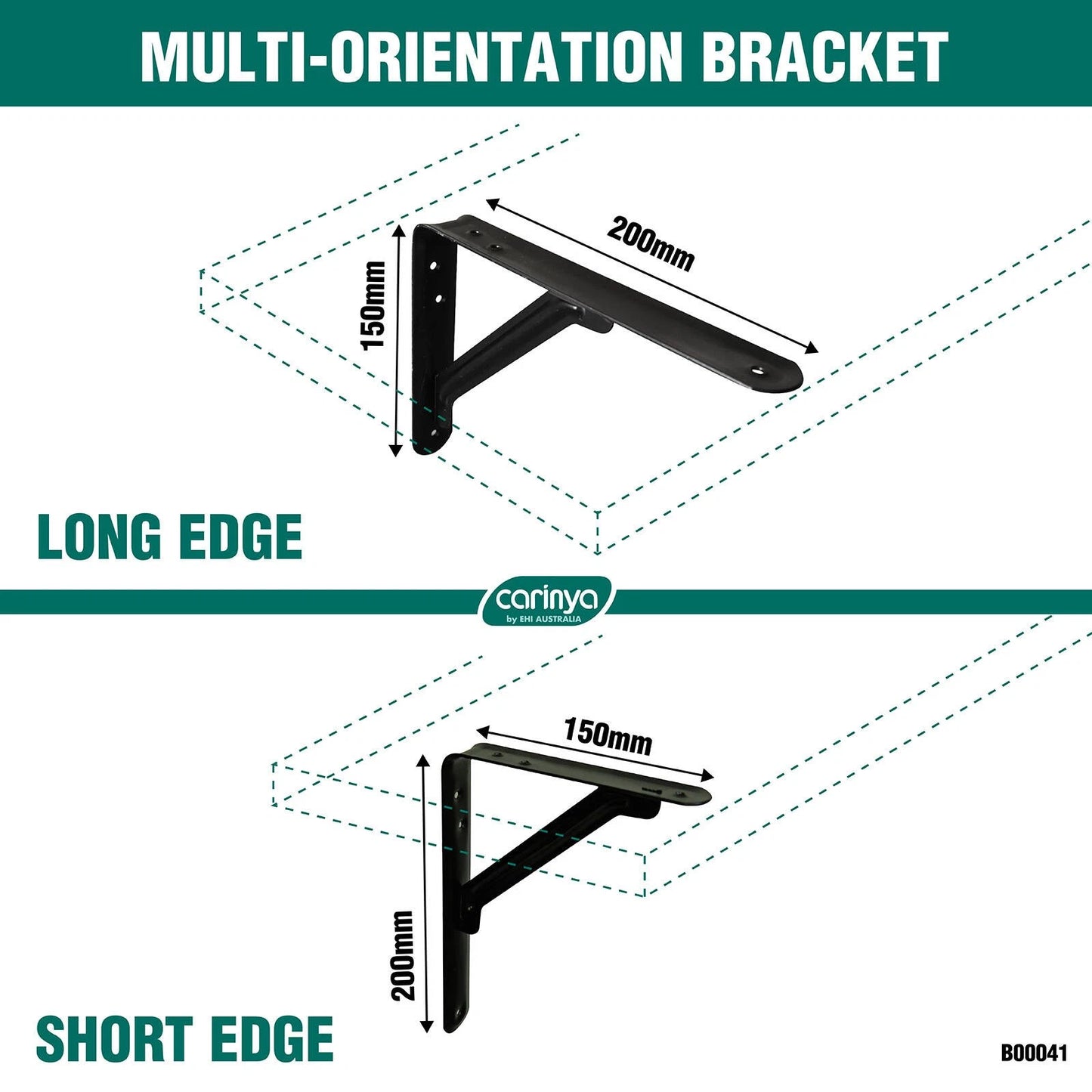 Carinya Black 200x150mm Light Stayed Bracket, 100kg Load, Indoor/Outdoor Use