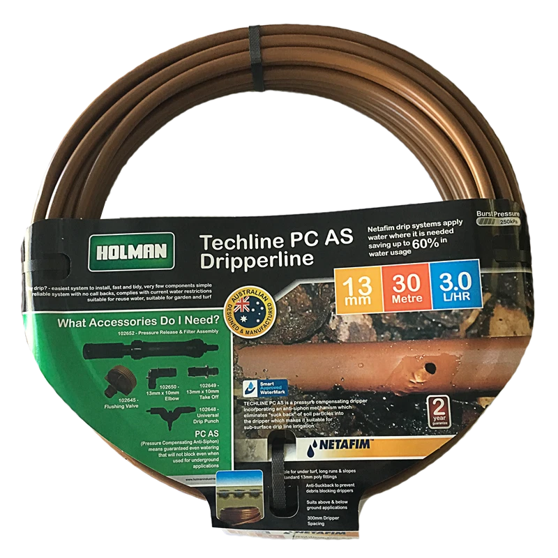 Holman 13mm Techline PC Drip Tube 30m - Pressure Compensating, 3.0 L/ph, 300mm Spacing