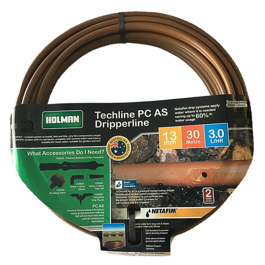 Holman 13mm Techline PC Drip Tube 30m - Pressure Compensating, 3.0 L/ph, 300mm Spacing