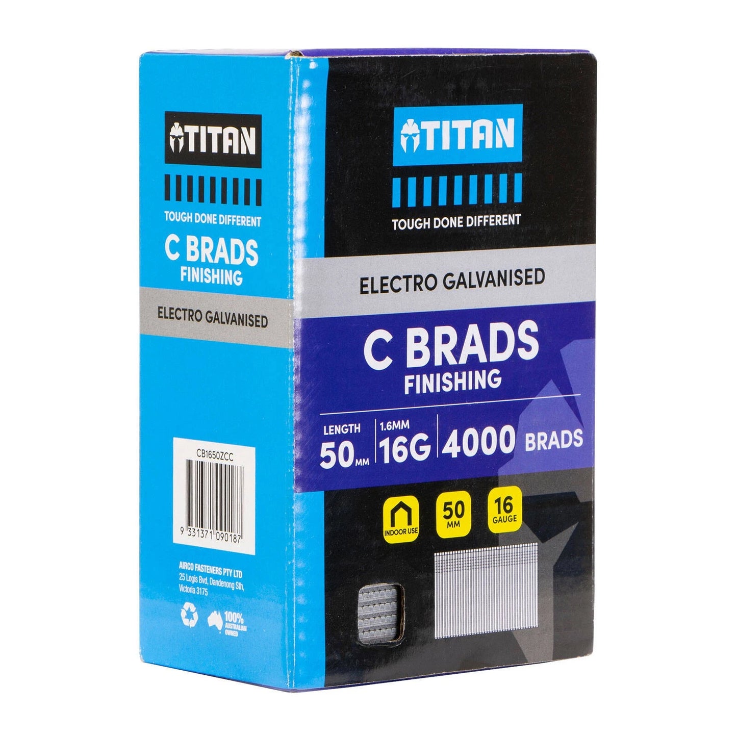 Titan 50x1.6mm Electro Galvanised Straight Nail C Brads, 4000 Pack, Corrosion Resistant