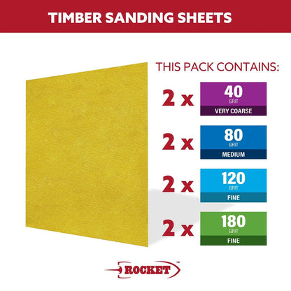 Rocket Timber Sanding Sheets 8 Piece - Versatile for Wood, Plaster, Painted & Lacquered Surfaces