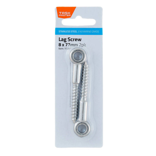 Taskmaster 8mm 316 Stainless Steel Lag Screw 2 Pack - Marine Grade, Weather Resistant