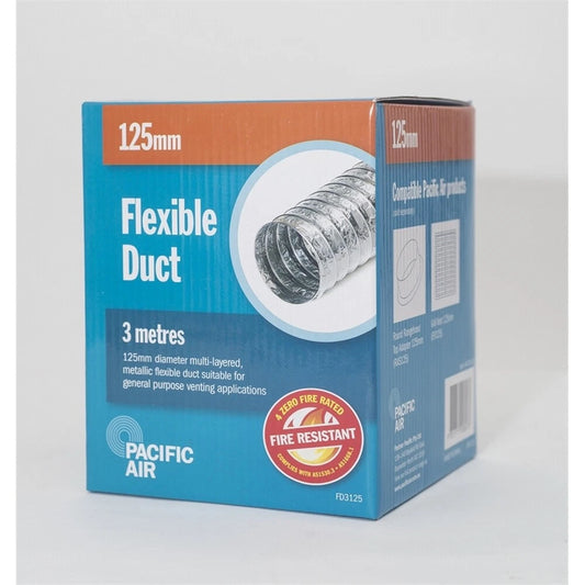 Pacific Air 3m x 125mm Aluminium Foil Flexible Duct, Fire Rated, Easy Install