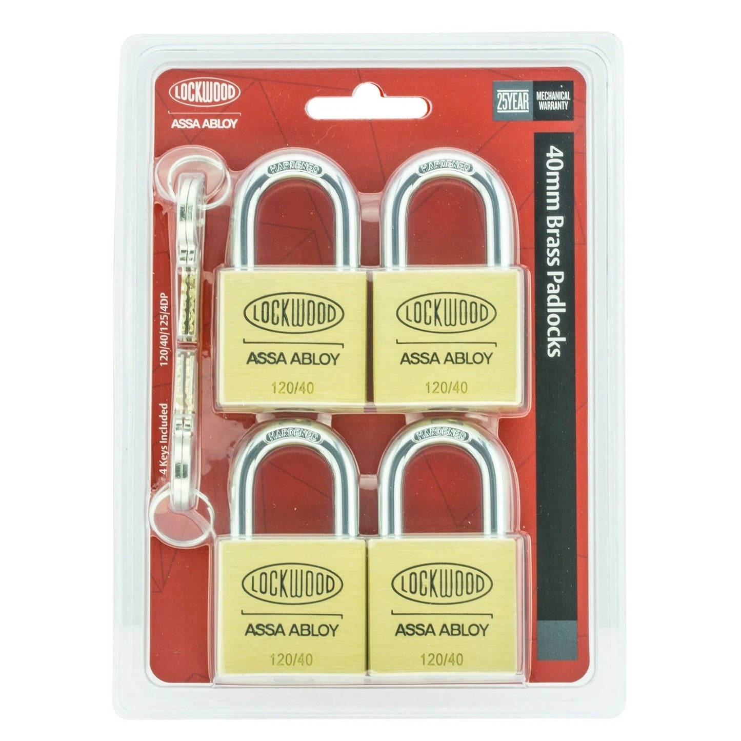 Lockwood 40mm High Security Solid Brass Padlocks 4 Pack - Heavy Duty, Corrosion Resistant