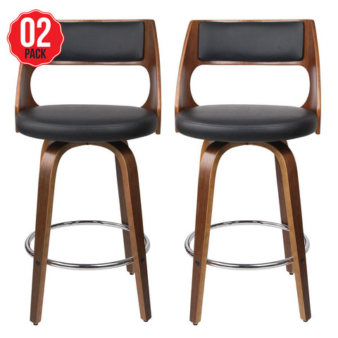 Artiss Bentwood Swivel Bar Stool Black Faux Leather Seat Chrome Footrest 2 Pack