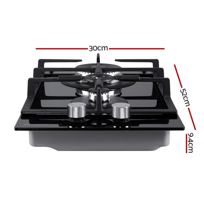 Devanti Gas Cooktop 30cm Gas Stove Cooker 2 Burner Cook Top Konbs NG LPG Black