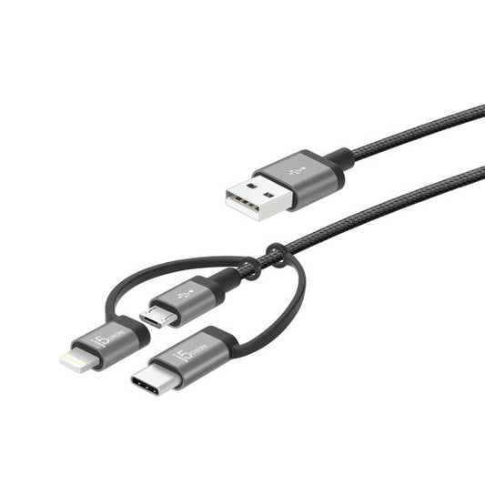 J5create JMLC11B 3-in-1 USB Charging Sync Cable 100cm (USB-A to Apple Lightning 8-pin, USB-C or Micro USB, iOS or Android) Apple MFi-Certified
