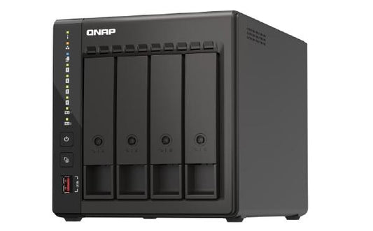 QNAP 4-bay desktop NAS, Intel Celeron J6412 4C 2.0GHz, burst 2.6GHz, onboard 8GB RAM, 2 x HDMI 1.4b, 2x M.2 2280 PCIe slots, 2x 2.5GbE